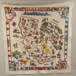 Vintage Mid Century California State Tablecloth Textile Fabric Cotton 51" x 49"